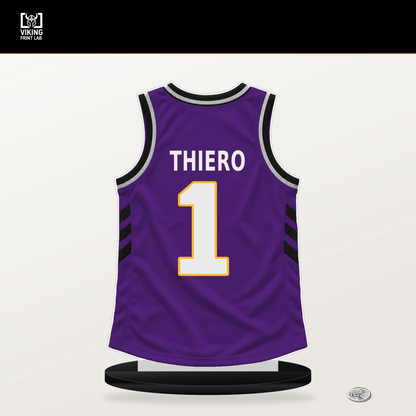 Adou Thiero number 1 Los Angeles Lakers jersey stand with included black base.