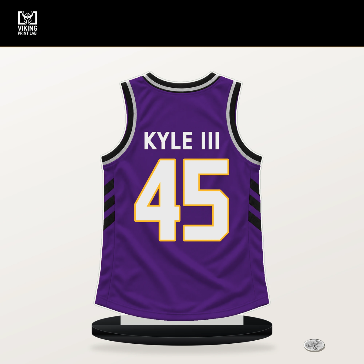 William Kyle III number 45 Los Angeles Lakers jersey stand with included black base.