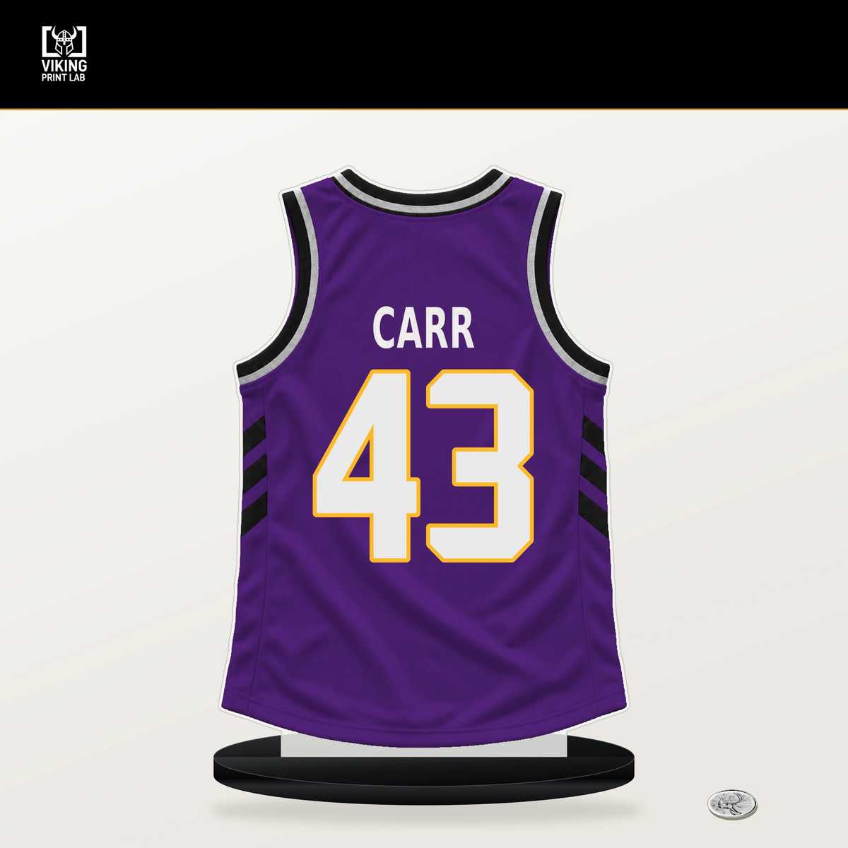 Cameron Carr number 43 Los Angeles Lakers jersey stand with included black base.