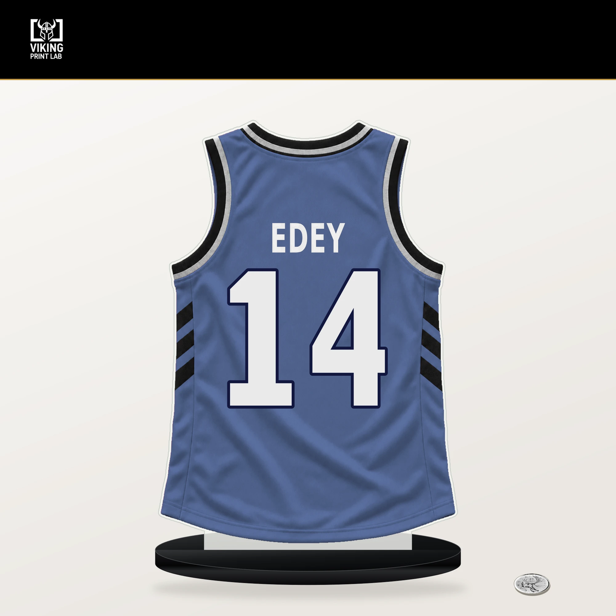 Zach Edey number 14 Memphis Grizzlies jersey stand with included black base.