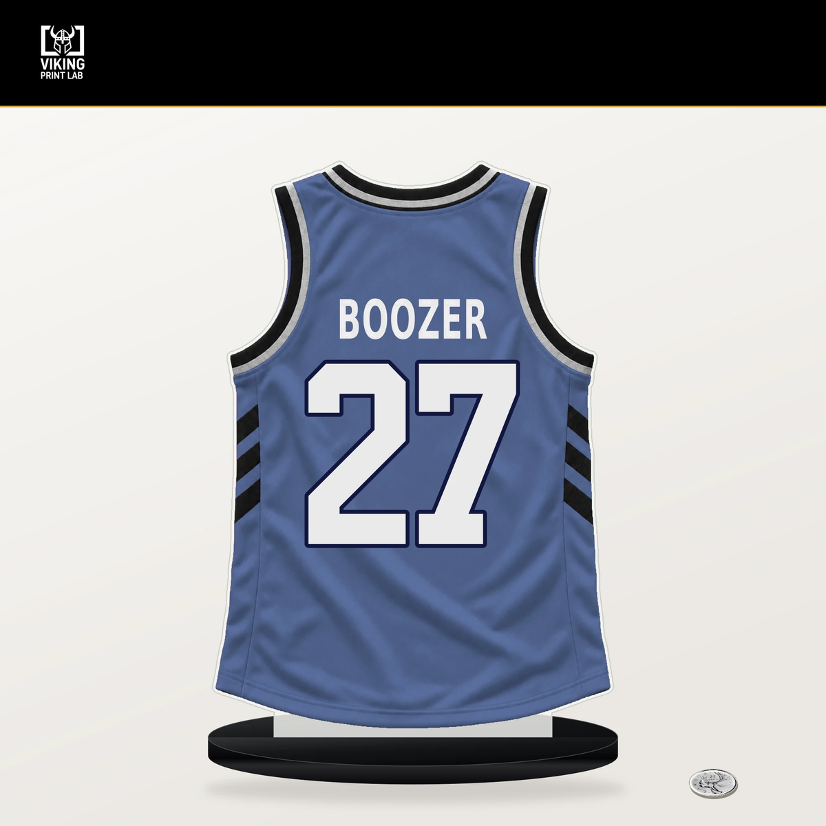 Cameron Boozer number 27 Memphis Grizzlies jersey stand with included black base.