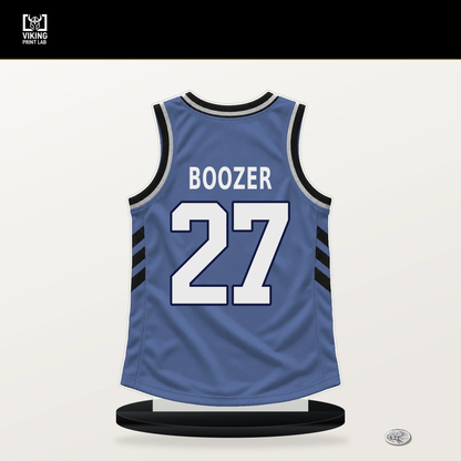 Cameron Boozer number 27 Memphis Grizzlies jersey stand with included black base.