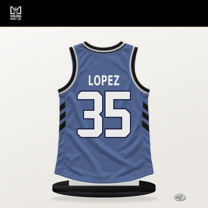 Karim Lopez number 35 Memphis Grizzlies jersey stand with included black base.