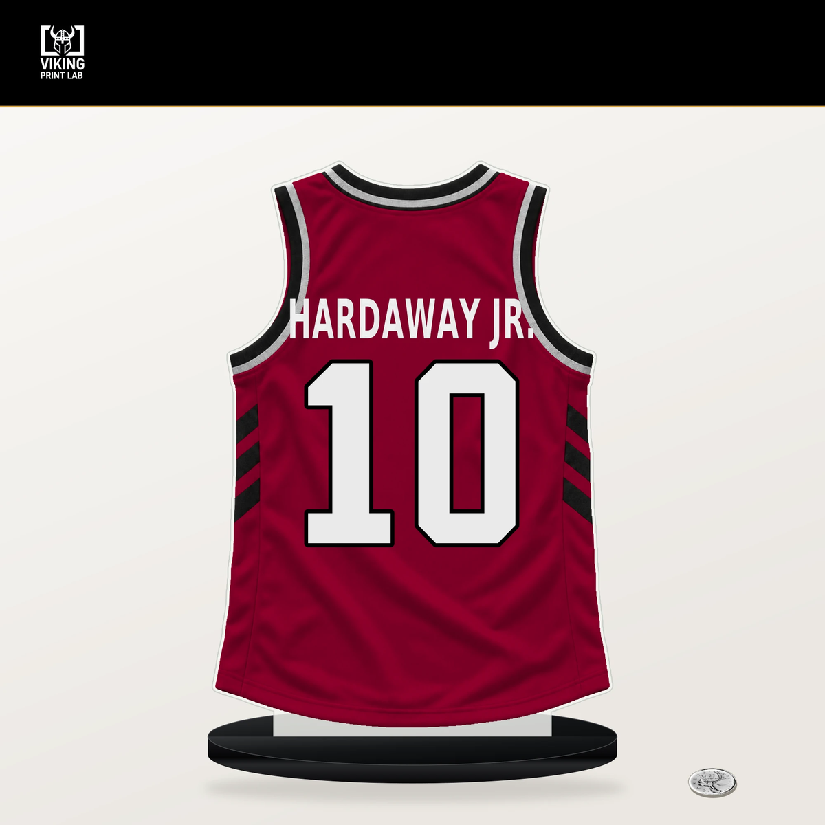 Tim Hardaway Jr. number 10 Miami Heat jersey stand with included black base.