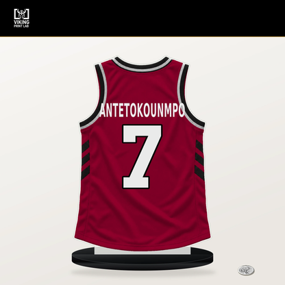 Giannis Antetokounmpo number 7 Miami Heat jersey stand with included black base.