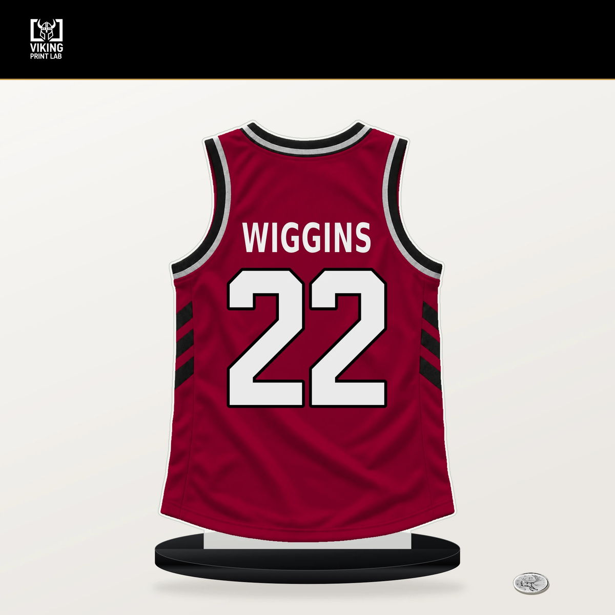 Andrew Wiggins number 22 Miami Heat jersey stand with included black base.