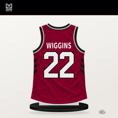 Andrew Wiggins number 22 Miami Heat jersey stand with included black base.