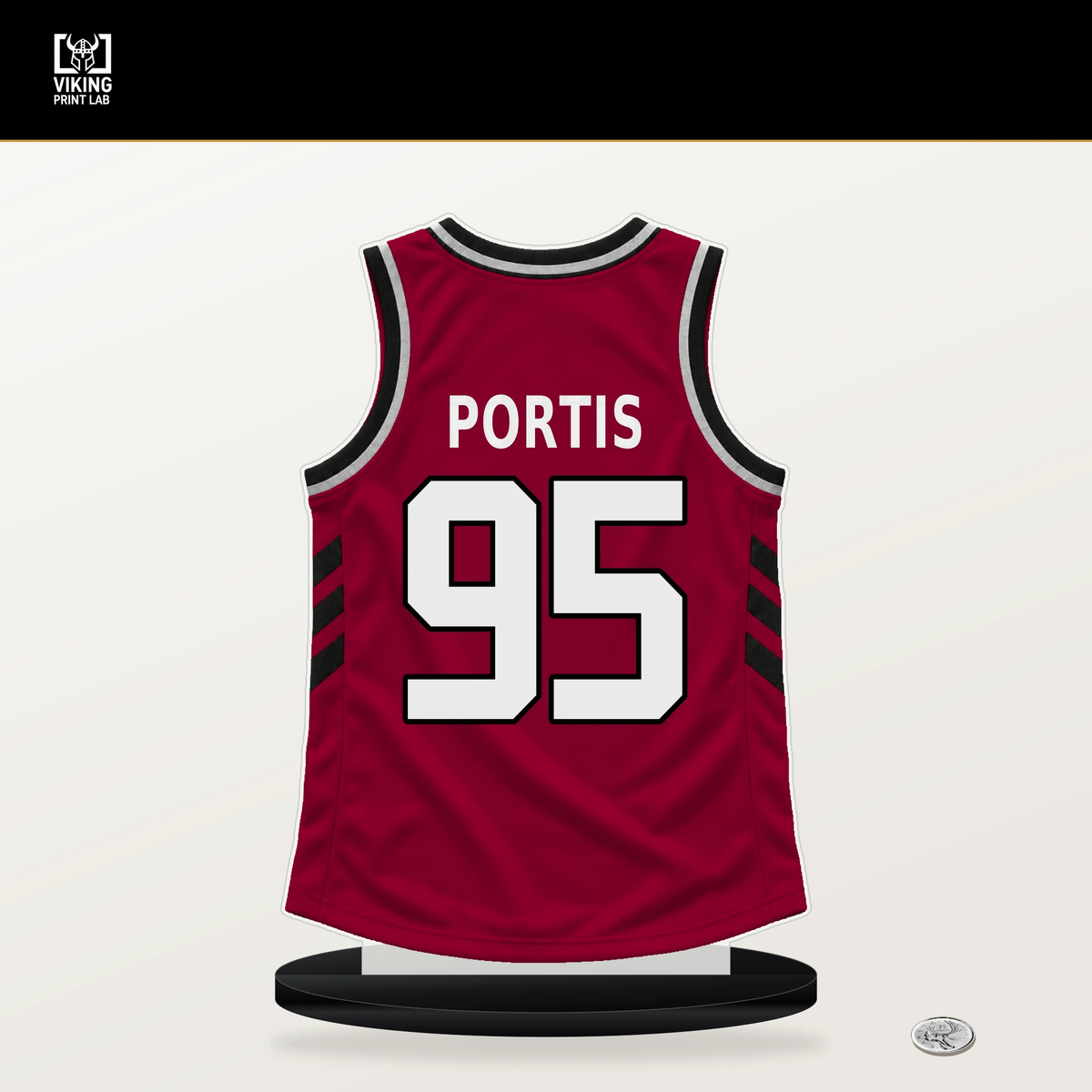 Bobby Portis number 95 Miami Heat jersey stand with included black base.