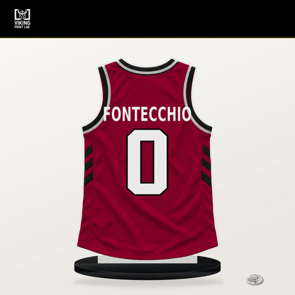 Simone Fontecchio number 0 Miami Heat jersey stand with included black base.