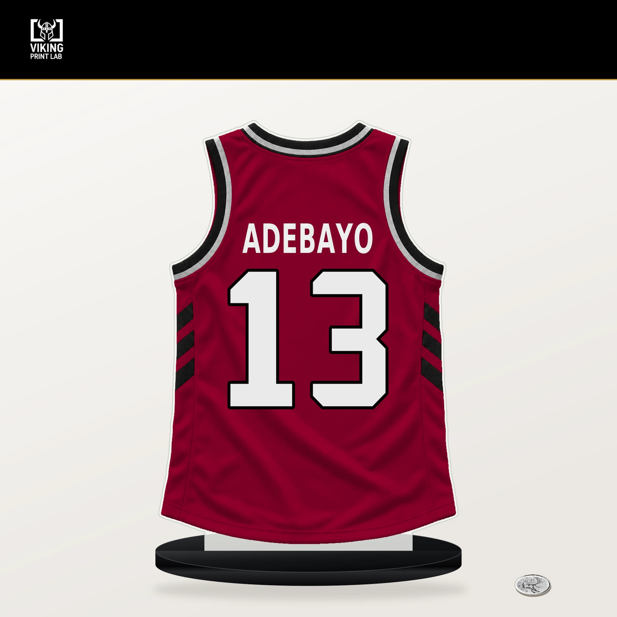 Bam Adebayo number 13 Miami Heat jersey stand with included black base.