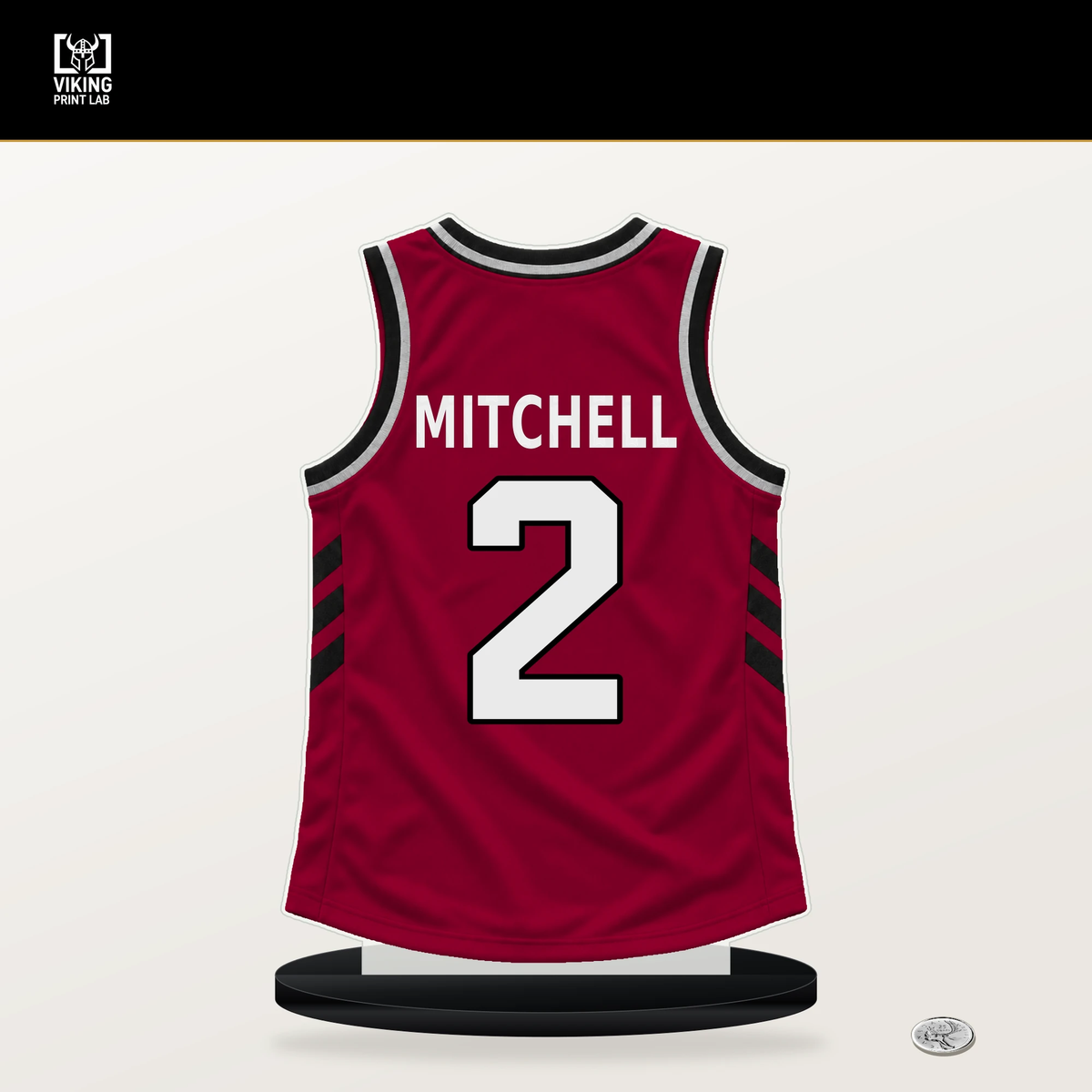 Davion Mitchell number 2 Miami Heat jersey stand with included black base.
