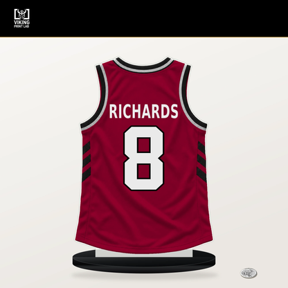 Nick Richards number 8 Miami Heat jersey stand with included black base.