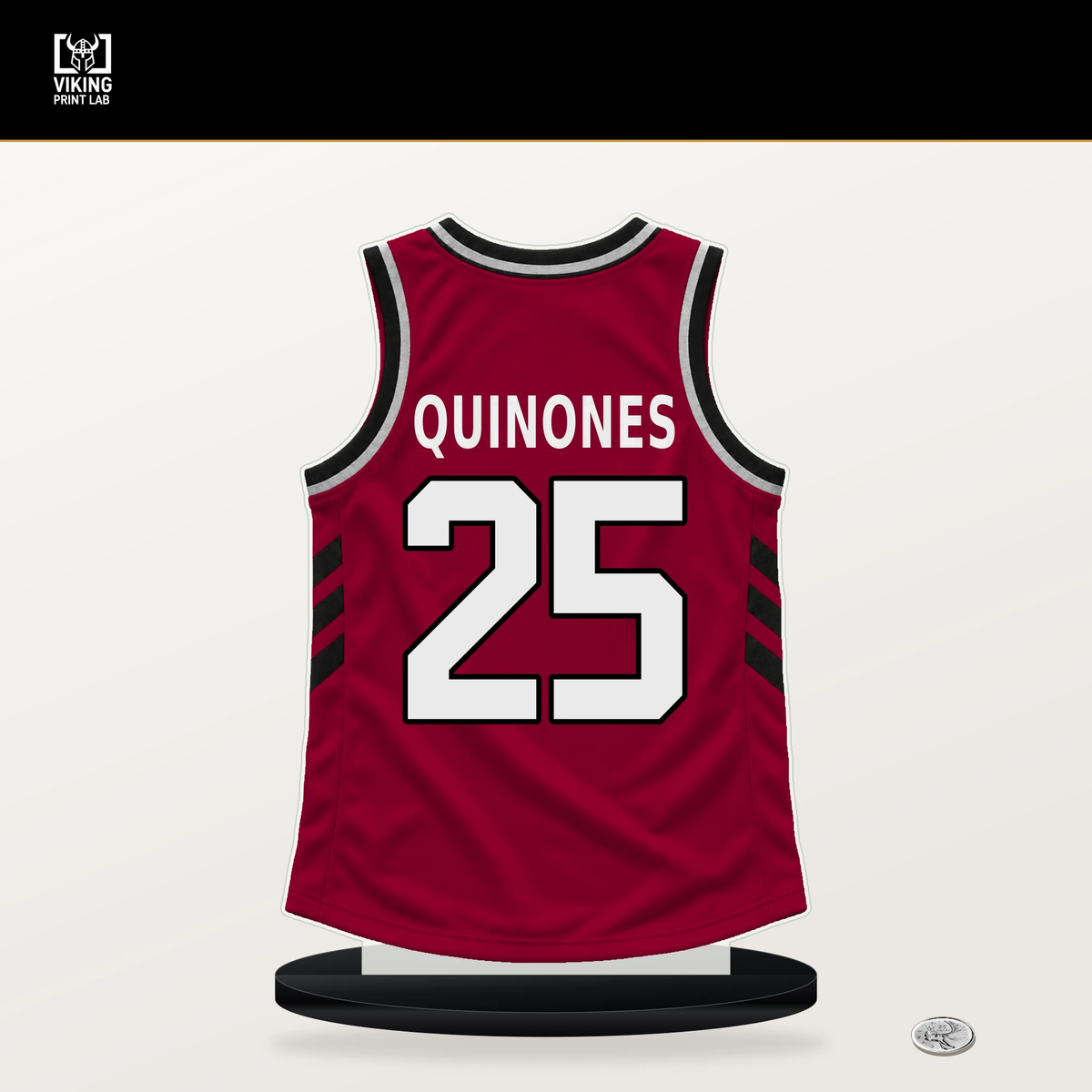 Lester Quinones number 25 Miami Heat jersey stand with included black base.