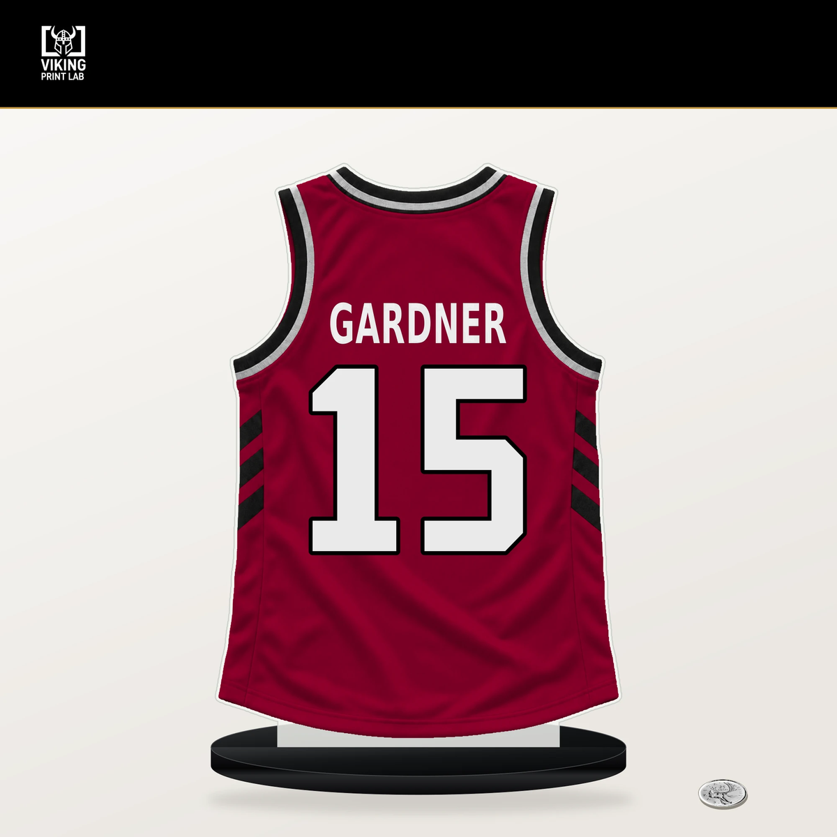 Myron Gardner number 15 Miami Heat jersey stand with included black base.