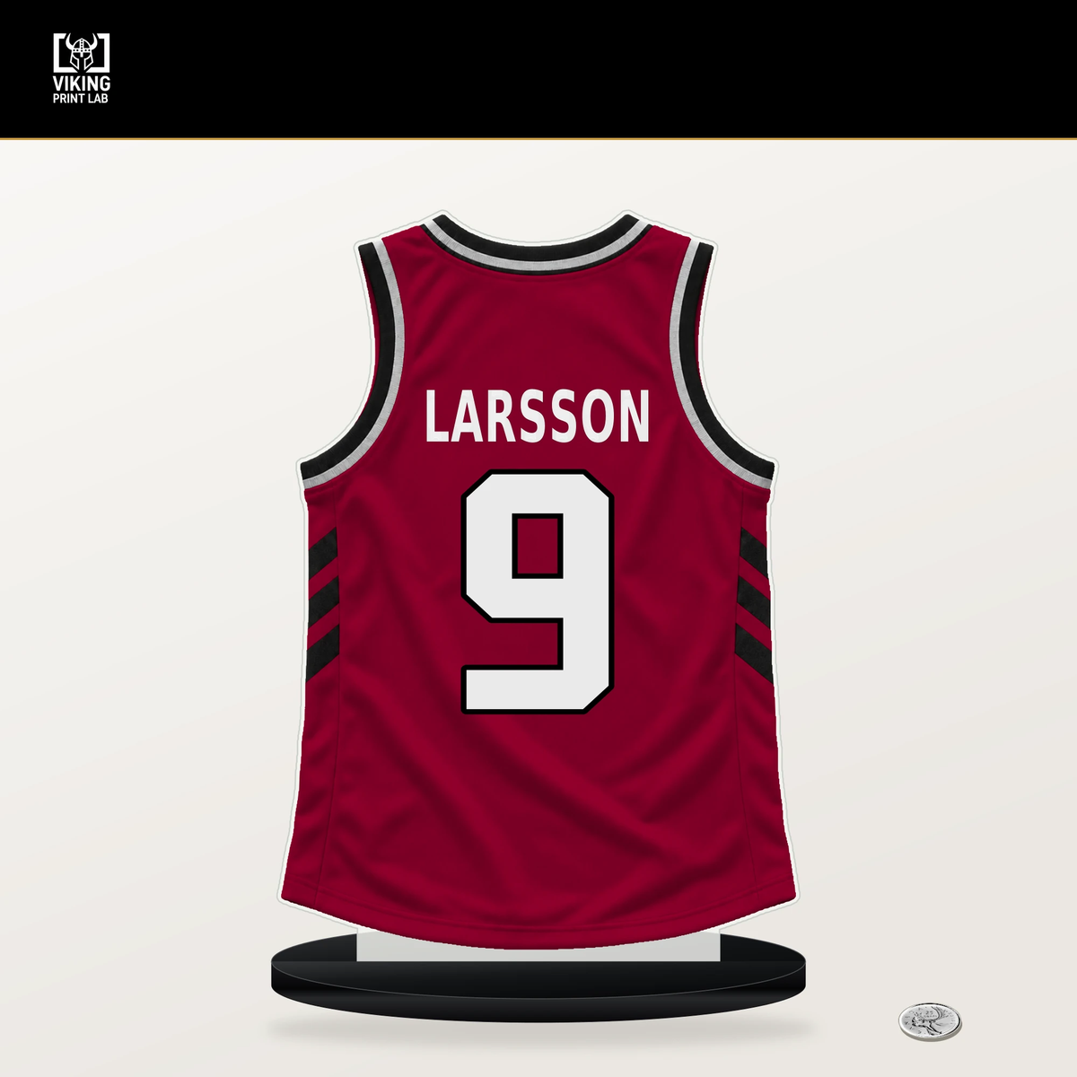 Pelle Larsson number 9 Miami Heat jersey stand with included black base.