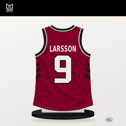 Pelle Larsson number 9 Miami Heat jersey stand with included black base.