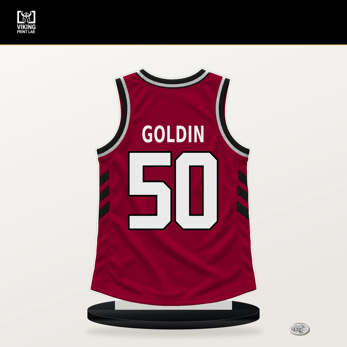 Vladislav Goldin number 50 Miami Heat jersey stand with included black base.