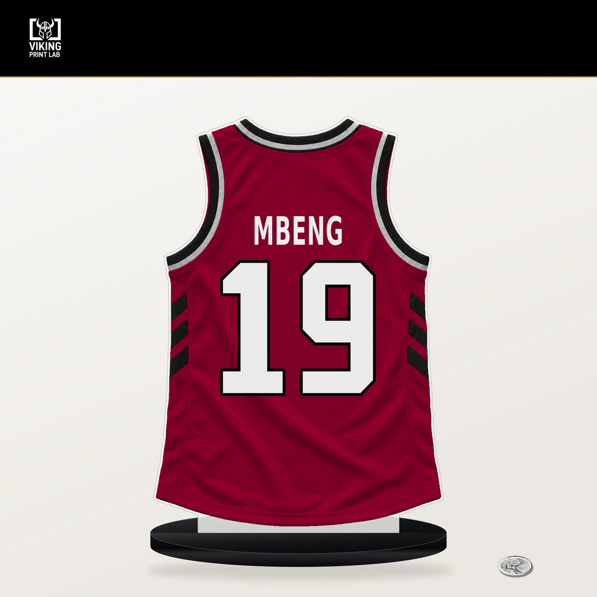 Bez Mbeng number 19 Miami Heat jersey stand with included black base.