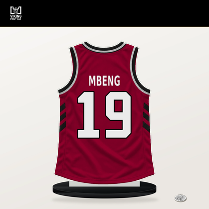 Bez Mbeng number 19 Miami Heat jersey stand with included black base.