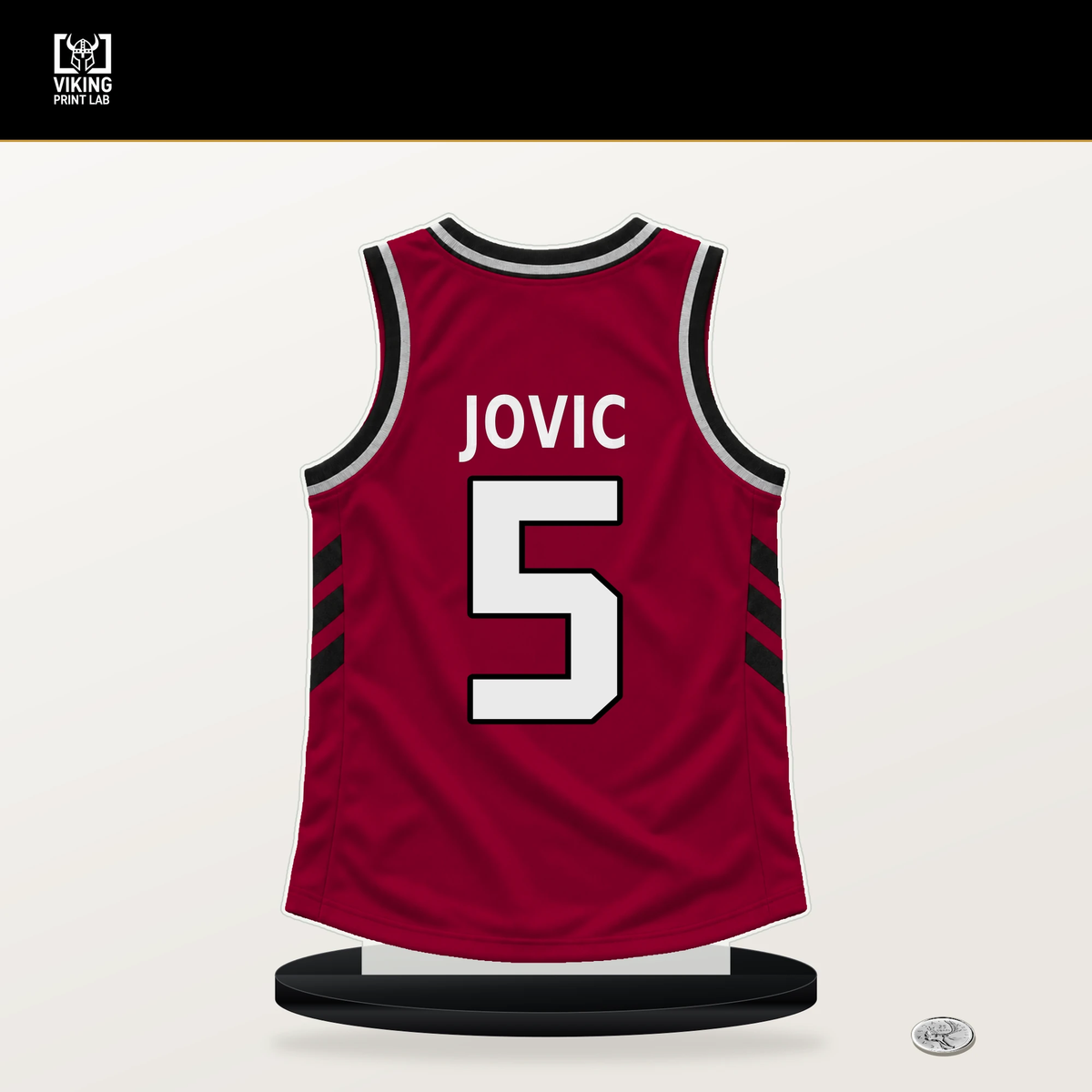 Nikola Jovic number 5 Miami Heat jersey stand with included black base.
