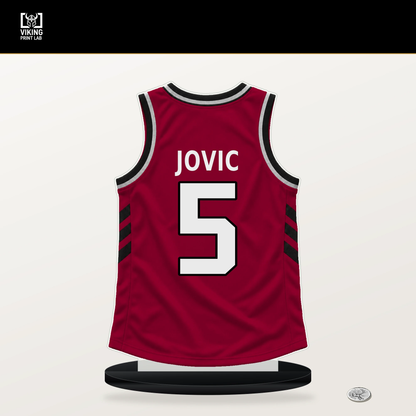 Nikola Jovic number 5 Miami Heat jersey stand with included black base.