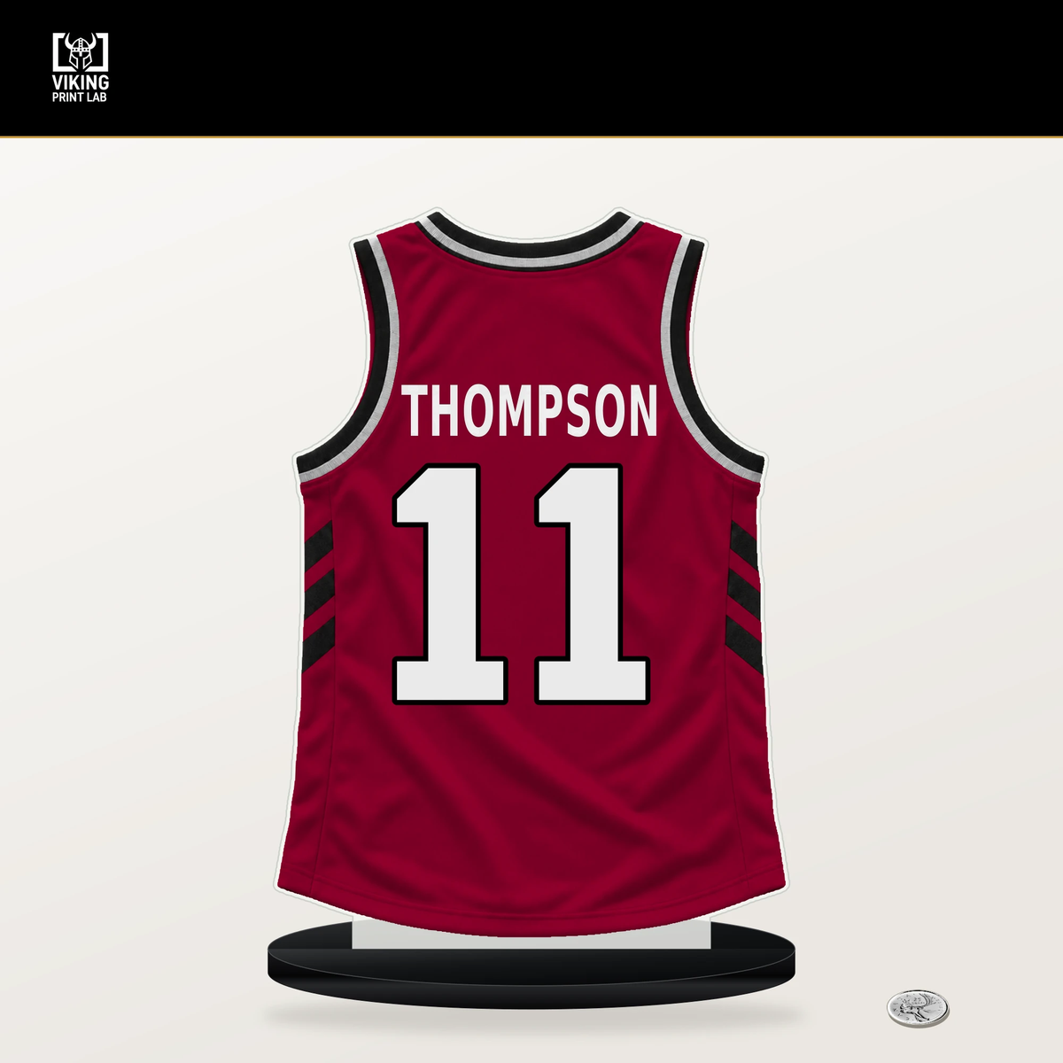 Klay Thompson number 11 Miami Heat jersey stand with included black base.
