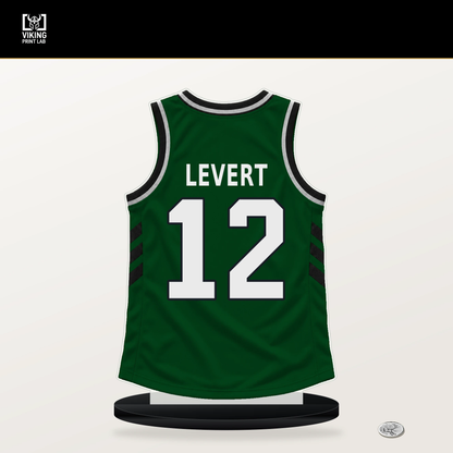 Caris LeVert number 12 Milwaukee Bucks jersey stand with included black base.