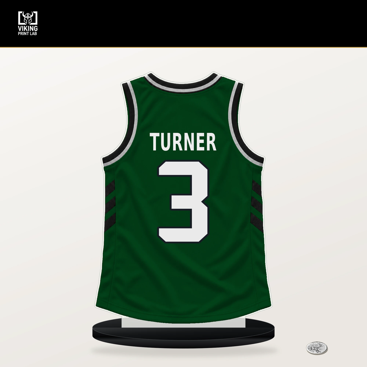 Myles Turner number 3 Milwaukee Bucks jersey stand with included black base.