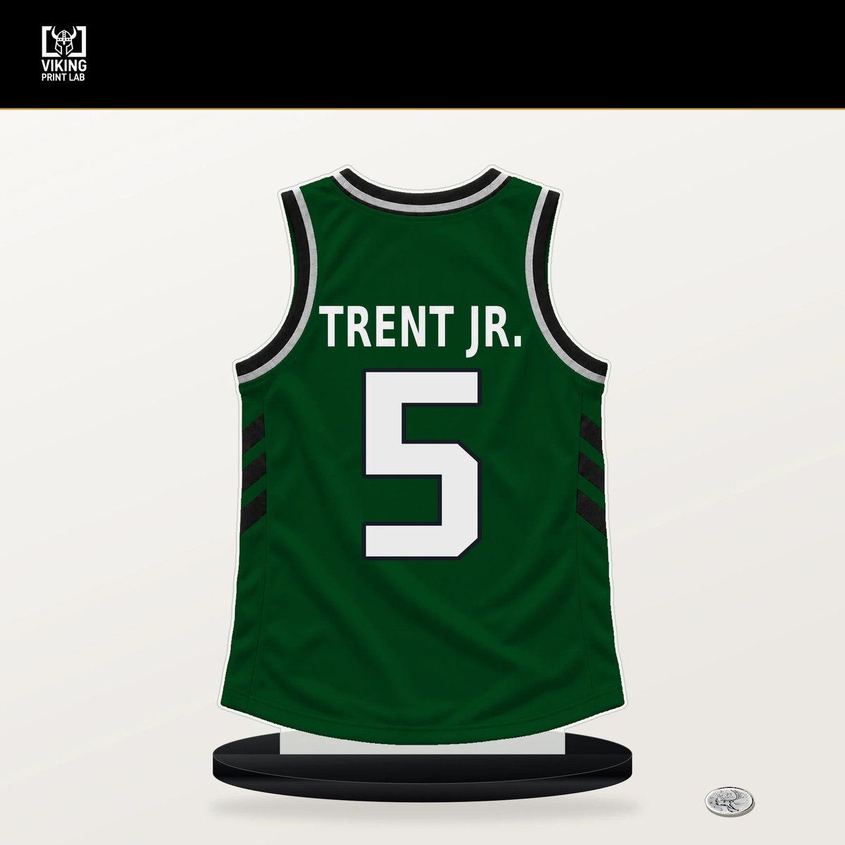 Gary Trent Jr. number 5 Milwaukee Bucks jersey stand with included black base.