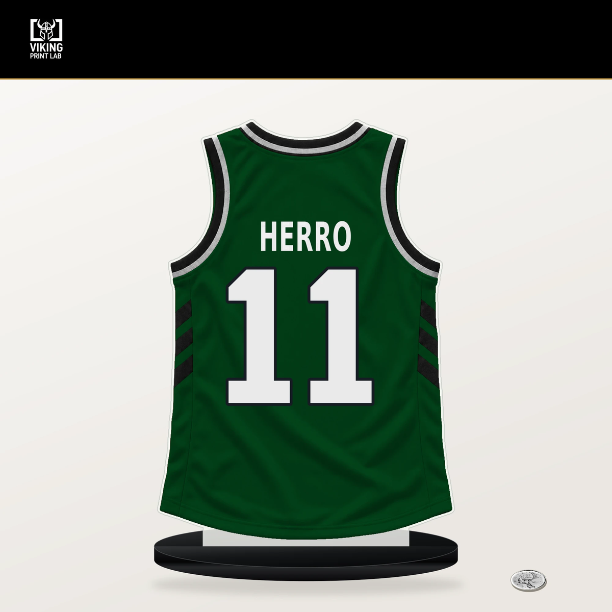 Tyler Herro number 11 Milwaukee Bucks jersey stand with included black base.