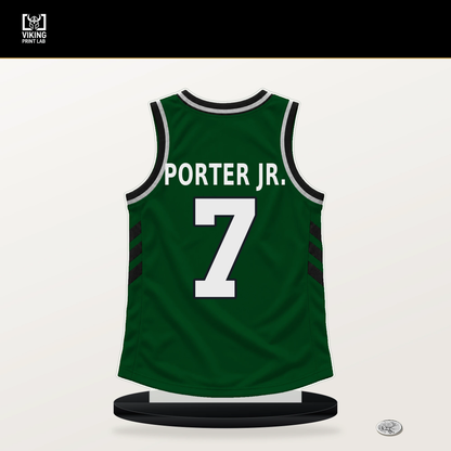 Kevin Porter Jr. number 7 Milwaukee Bucks jersey stand with included black base.