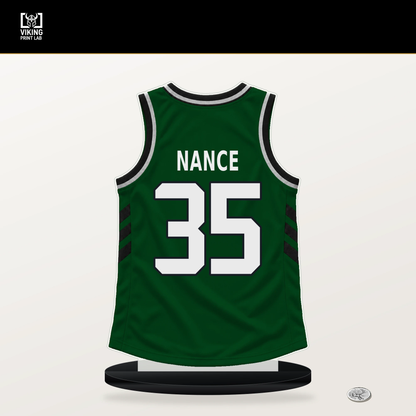 Pete Nance number 35 Milwaukee Bucks jersey stand with included black base.