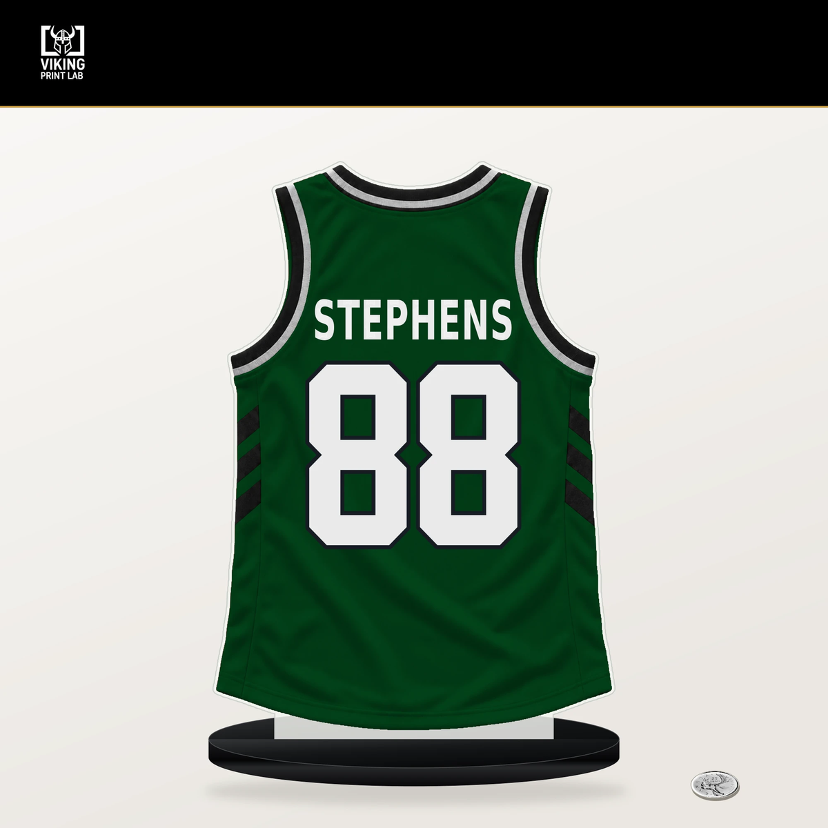 Jake Stephens number 88 Milwaukee Bucks jersey stand with included black base.