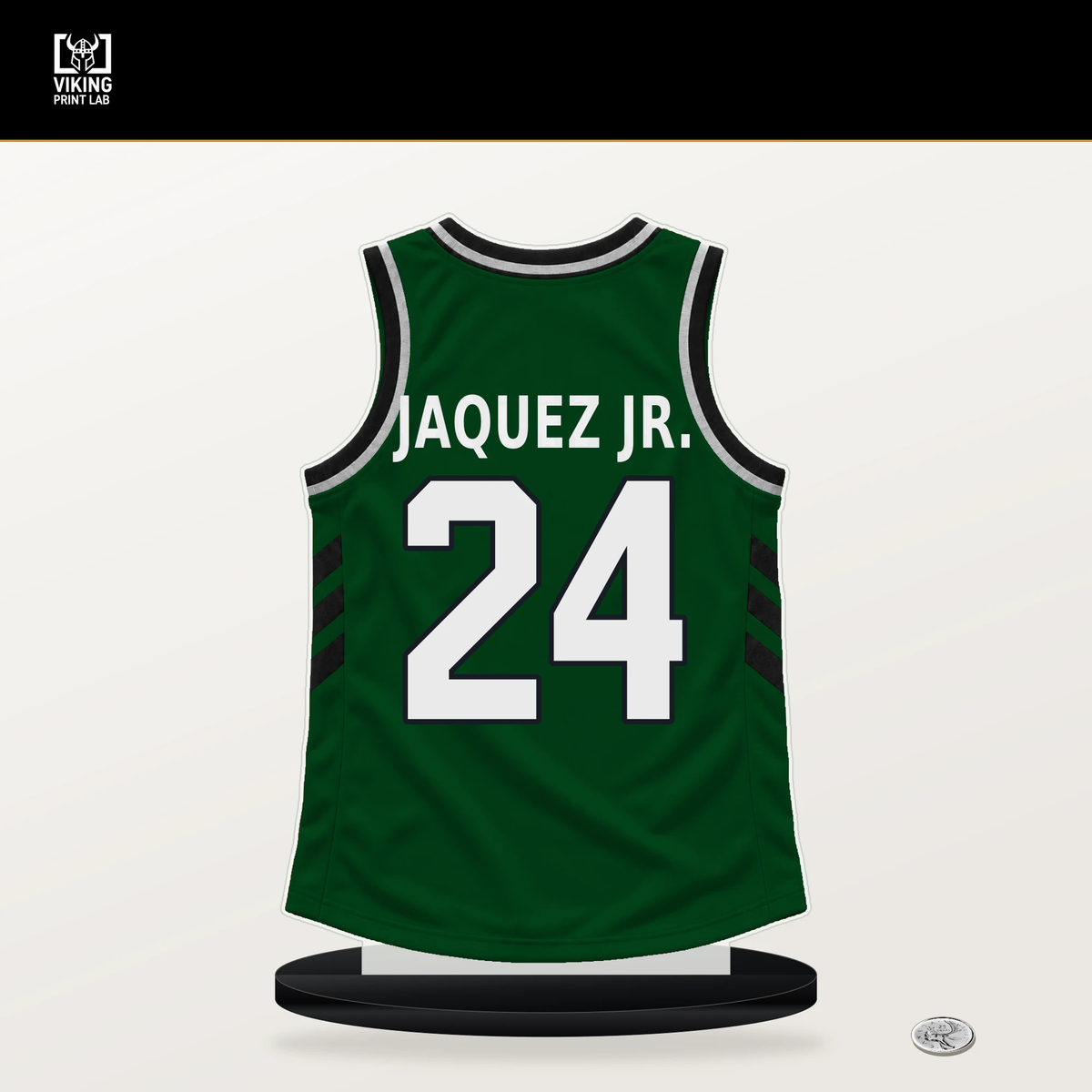 Jaime Jaquez Jr. number 24 Milwaukee Bucks jersey stand with included black base.