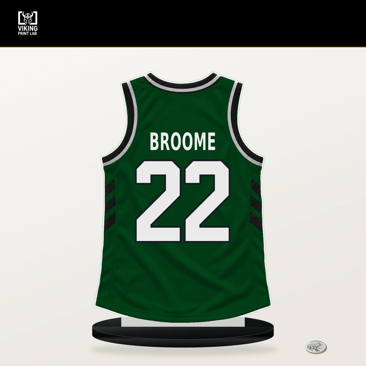 Johni Broome number 22 Milwaukee Bucks jersey stand with included black base.