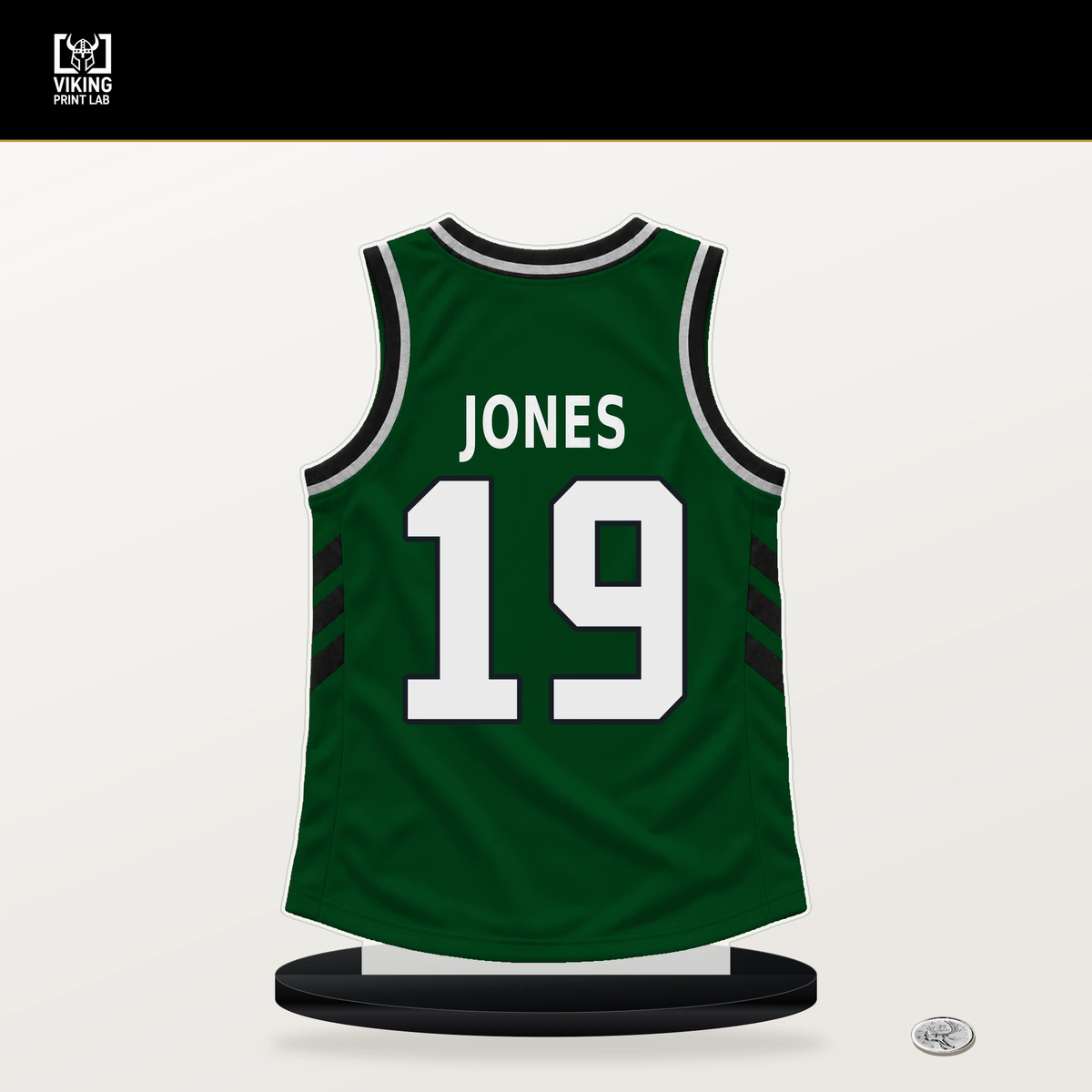 Kam Jones number 19 Milwaukee Bucks jersey stand with included black base.