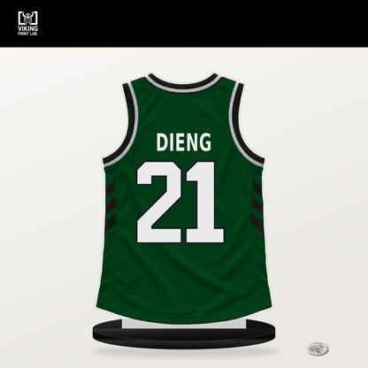 Ousmane Dieng number 21 Milwaukee Bucks jersey stand with included black base.