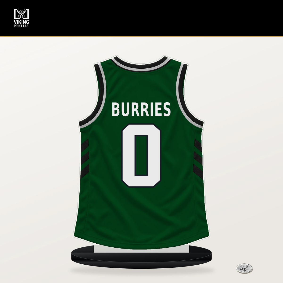 Brayden Burries number 0 Milwaukee Bucks jersey stand with included black base.