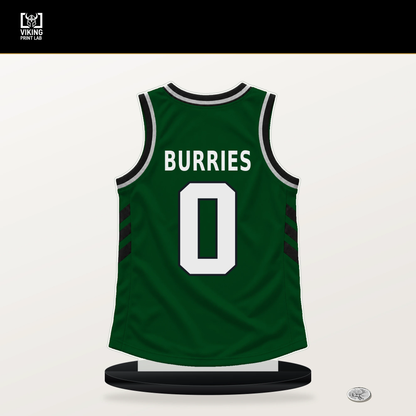 Brayden Burries number 0 Milwaukee Bucks jersey stand with included black base.
