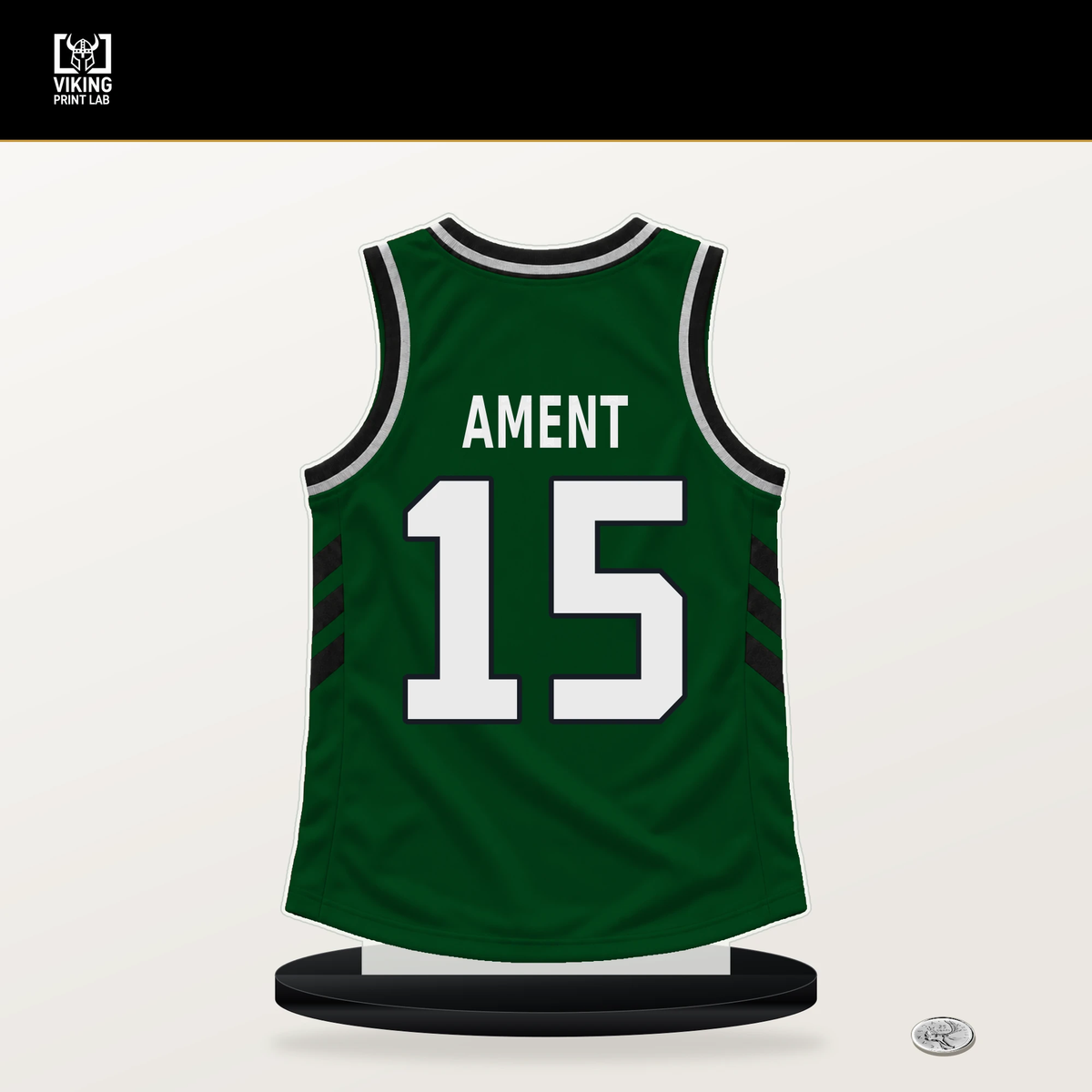Nate Ament number 15 Milwaukee Bucks jersey stand with included black base.