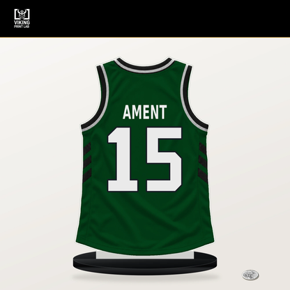 Nate Ament number 15 Milwaukee Bucks jersey stand with included black base.