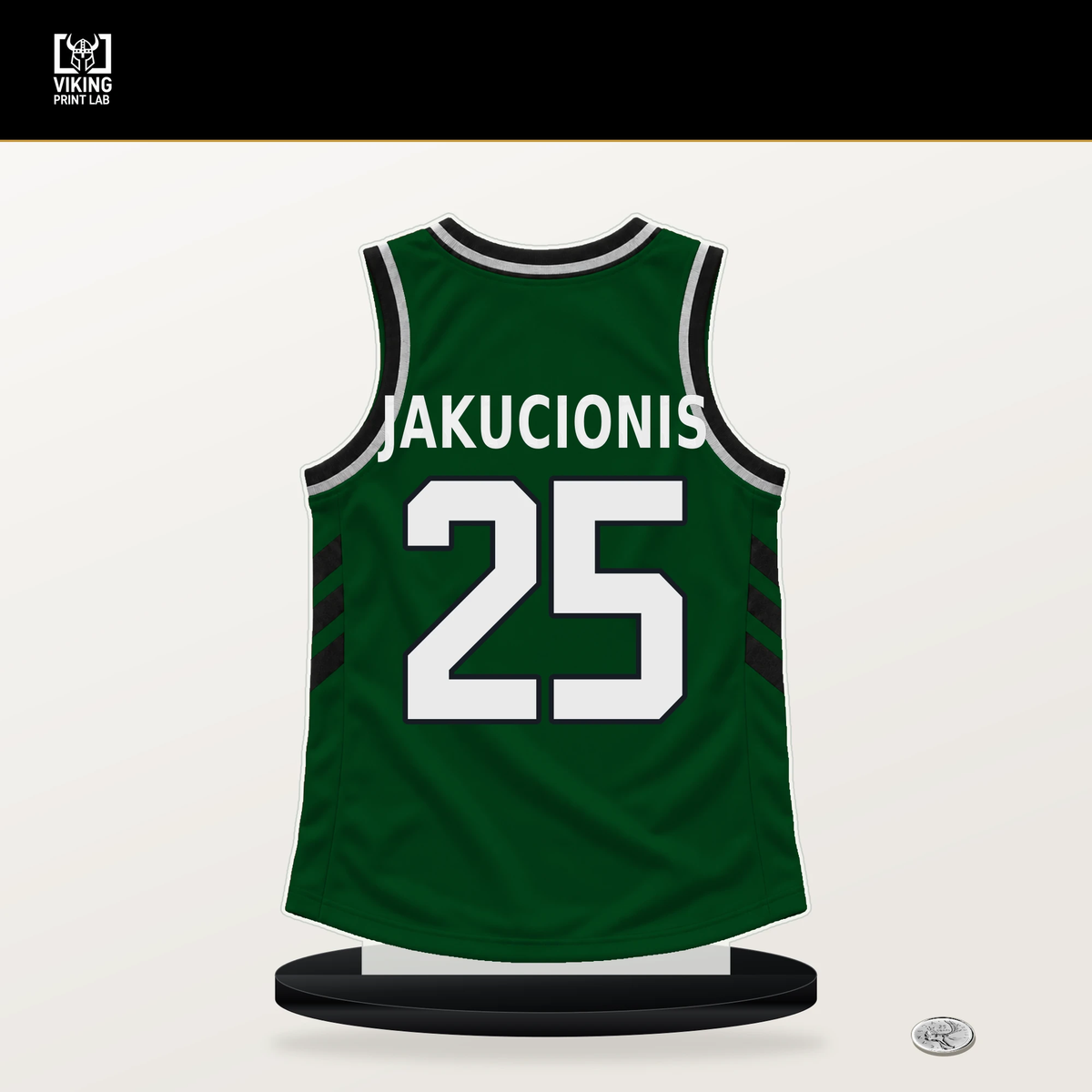 Kasparas Jakucionis number 25 Milwaukee Bucks jersey stand with included black base.