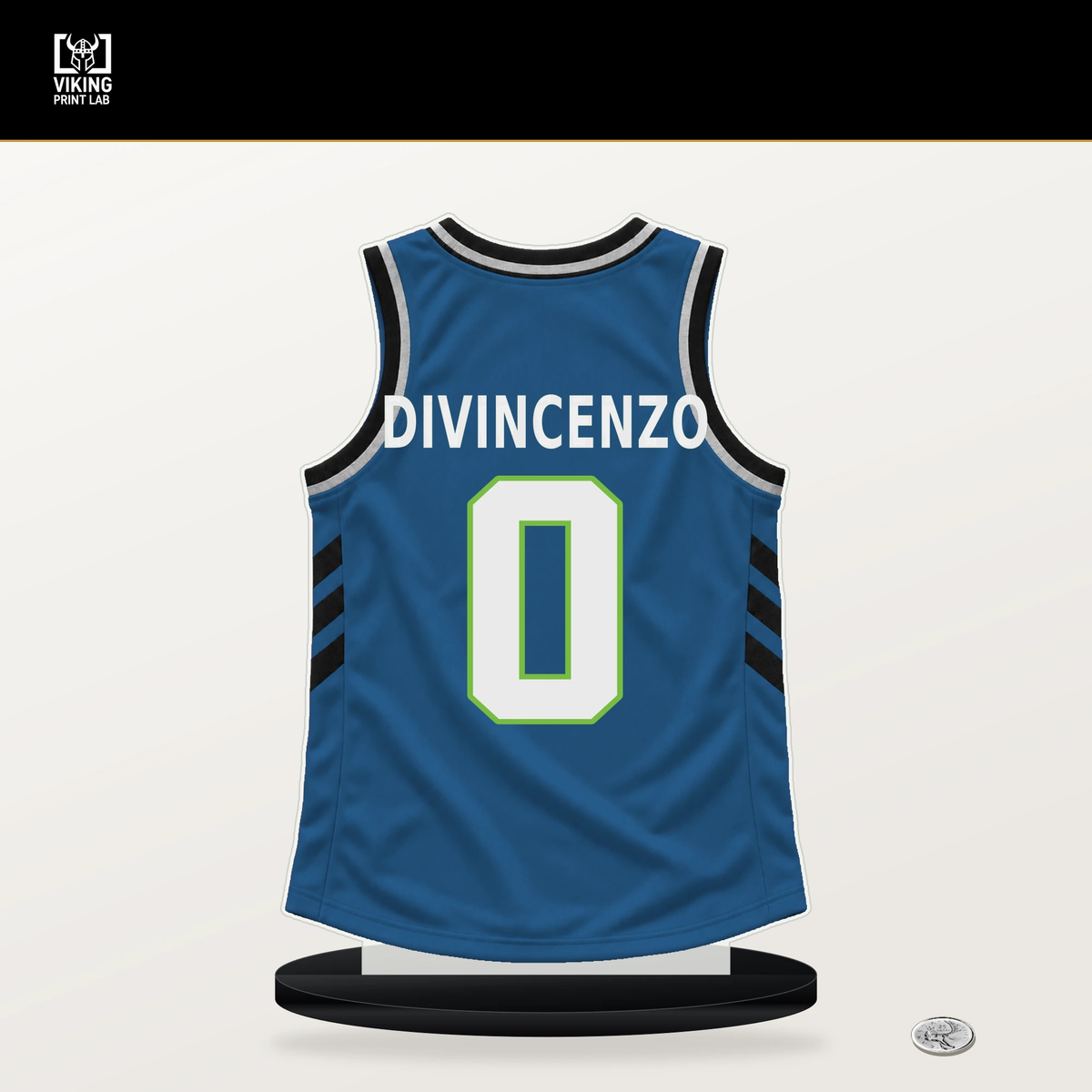 Donte DiVincenzo number 0 Minnesota Timberwolves jersey stand with included black base.