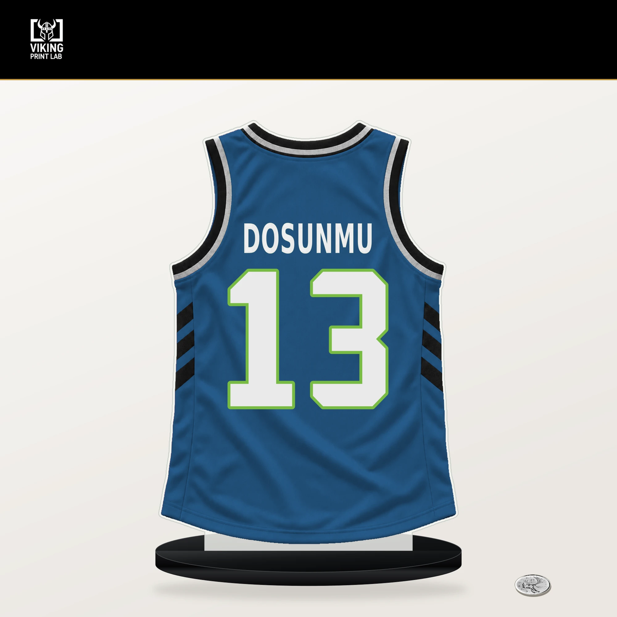 Ayo Dosunmu number 13 Minnesota Timberwolves jersey stand with included black base.