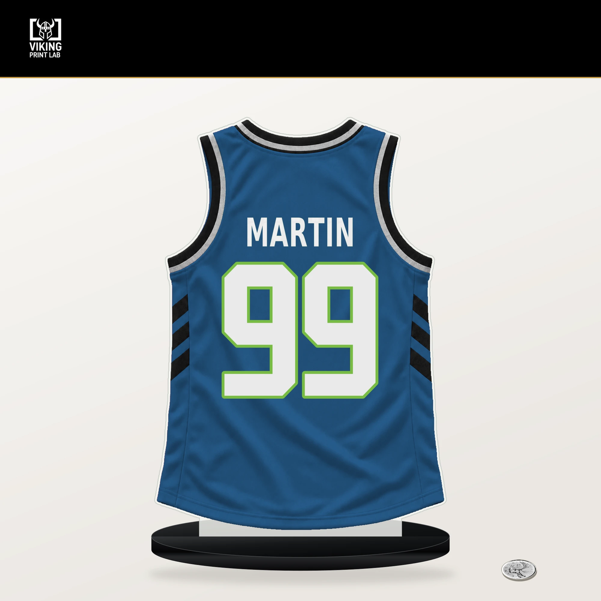 KJ Martin number 99 Minnesota Timberwolves jersey stand with included black base.