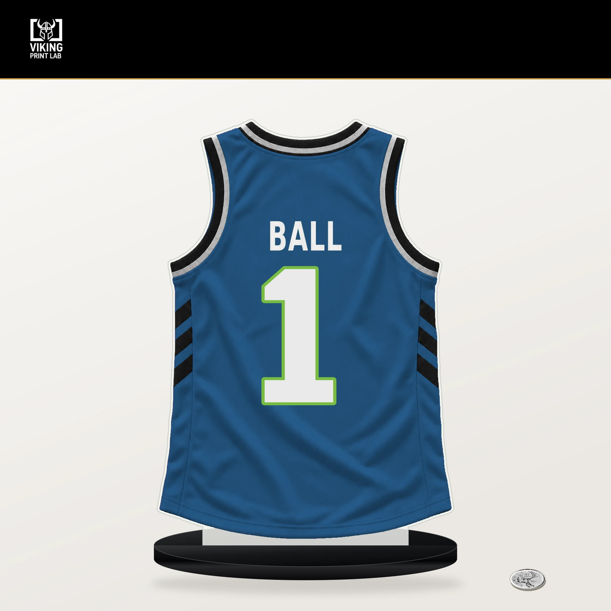 LaMelo Ball number 1 Minnesota Timberwolves jersey stand with included black base.