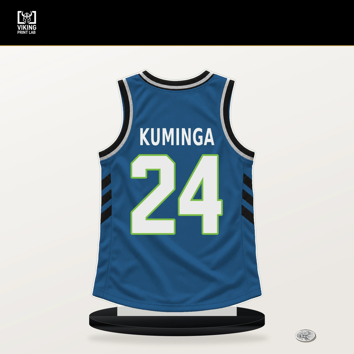 Jonathan Kuminga number 24 Minnesota Timberwolves jersey stand with included black base.