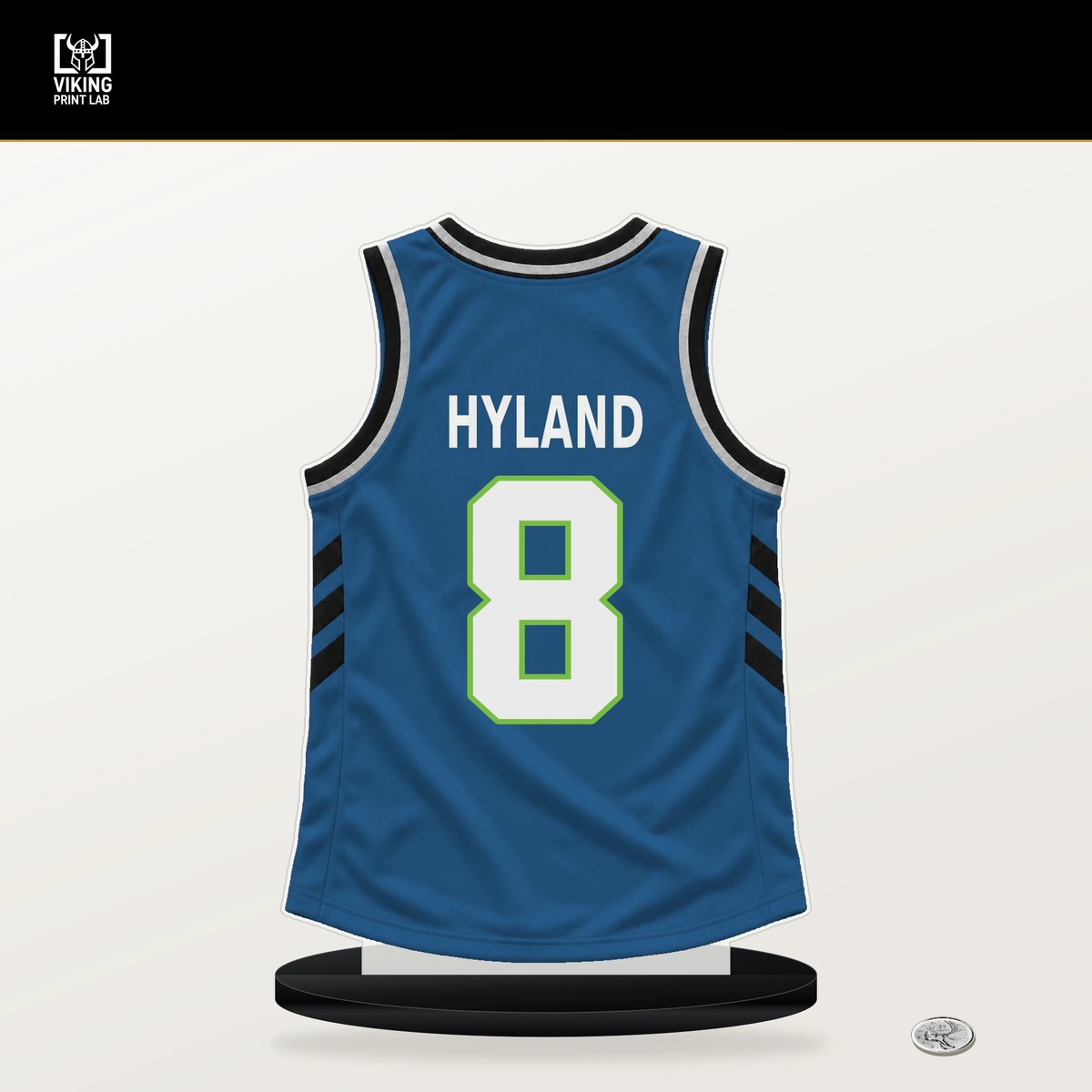 Bones Hyland number 8 Minnesota Timberwolves jersey stand with included black base.