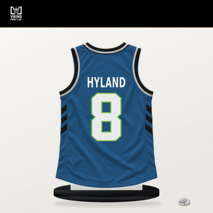 Bones Hyland number 8 Minnesota Timberwolves jersey stand with included black base.