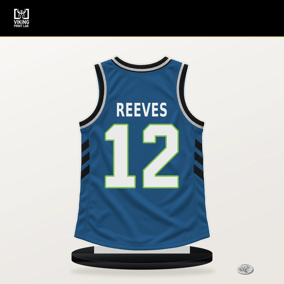 Antonio Reeves number 12 Minnesota Timberwolves jersey stand with included black base.